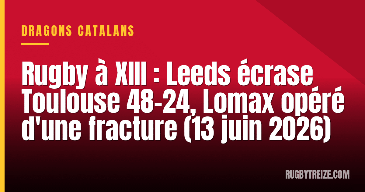 Rugby à XIII : Leeds écrase Toulouse 48-24, Lomax opéré d'une fracture (13 juin 2026)